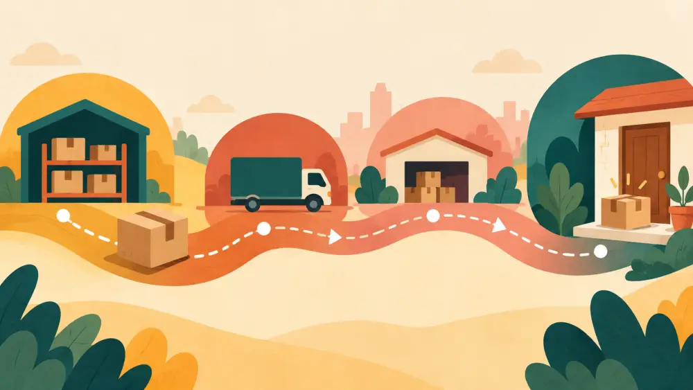 A parcel moving through an order, packing and delivery workflow