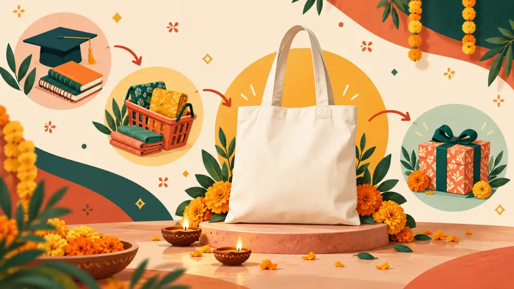An illustrated shirt and tote bag with product variant swatches