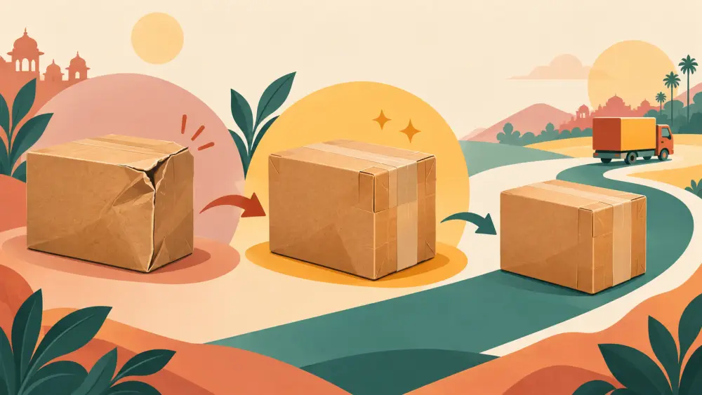 A parcel moving through an order, packing and delivery workflow