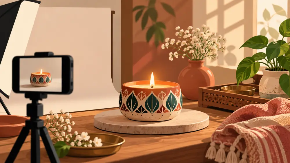 A product photographed beside a window with a reflector and a phone