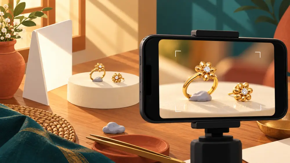 A product photographed beside a window with a reflector and a phone
