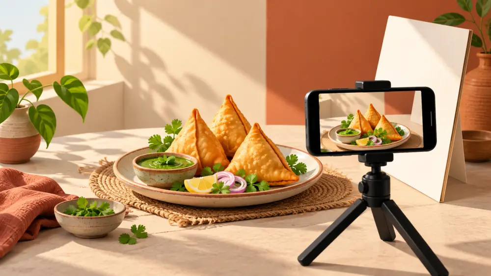 A product photographed beside a window with a reflector and a phone