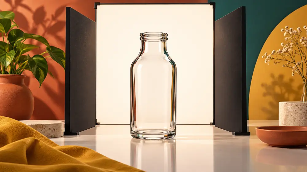A product photographed beside a window with a reflector and a phone
