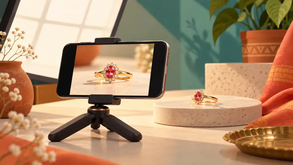 A product photographed beside a window with a reflector and a phone