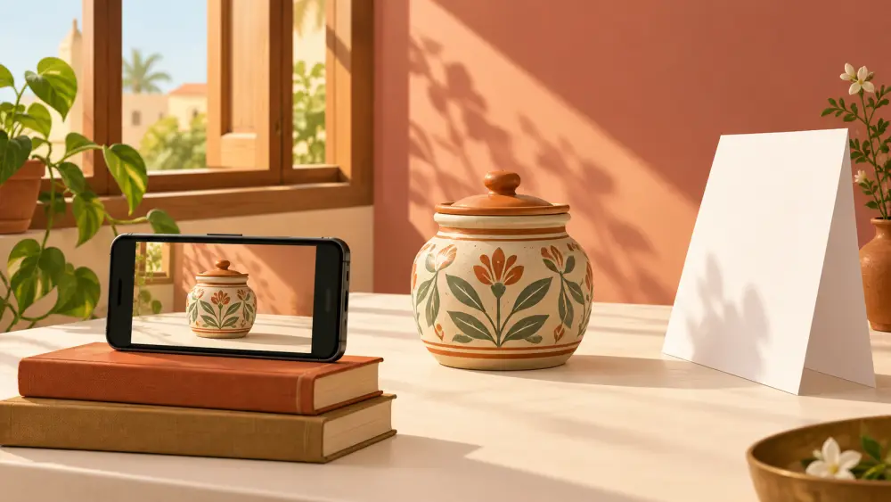 A product photographed beside a window with a reflector and a phone