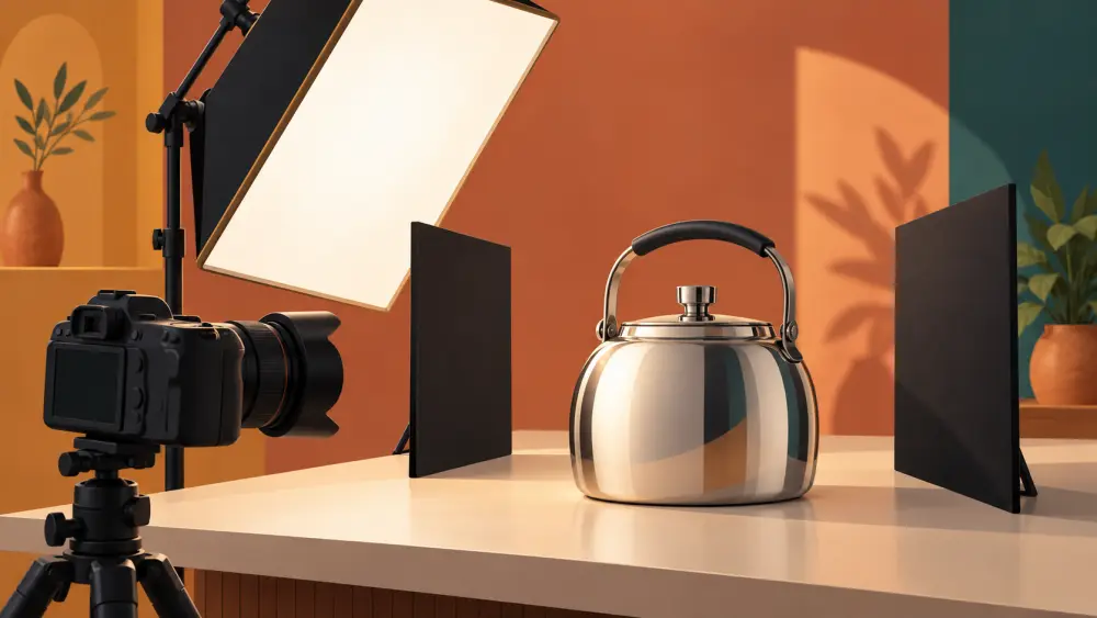 A product photographed beside a window with a reflector and a phone