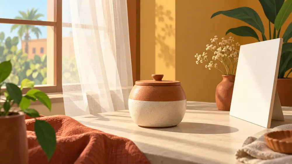A product photographed beside a window with a reflector and a phone