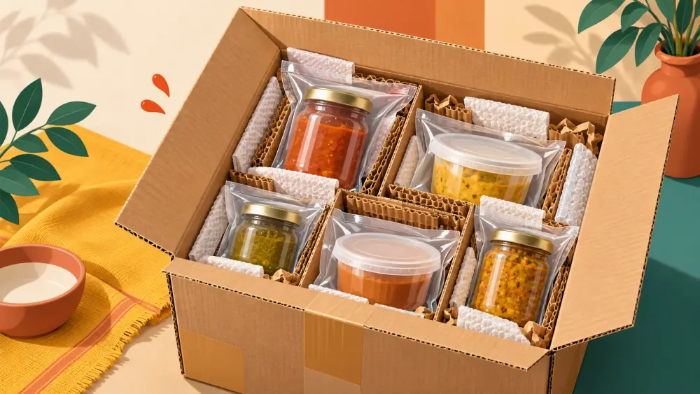 Illustrated food and drink packaging arranged on a product shelf