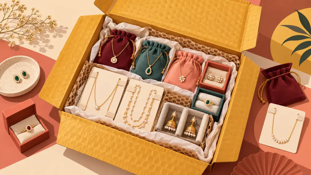 Illustrated personal-care bottles and jewellery on display plinths