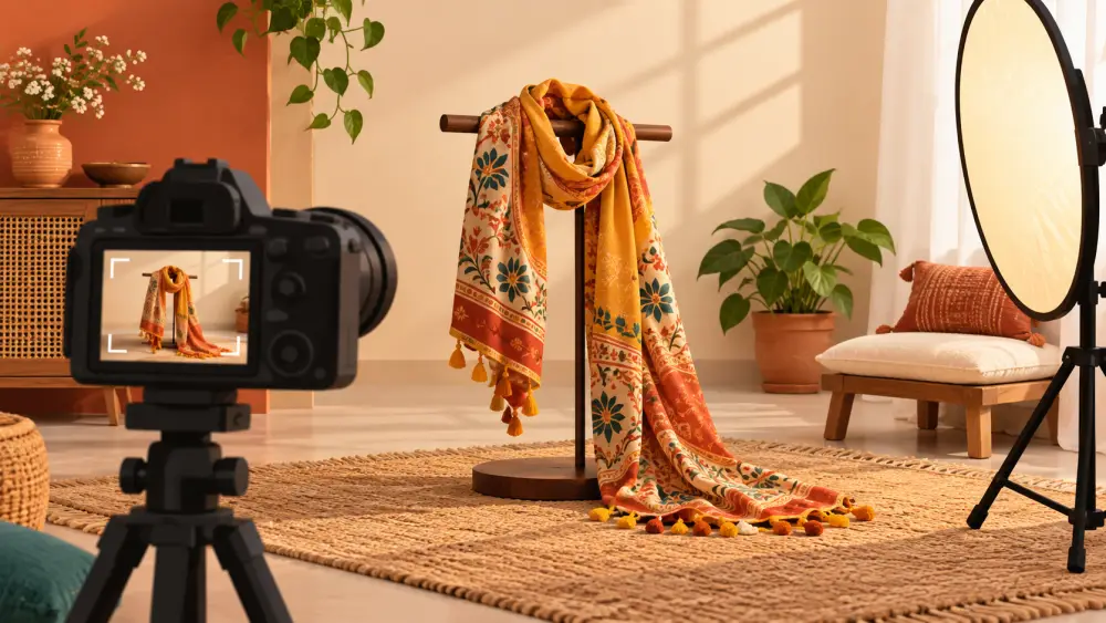 A product photographed beside a window with a reflector and a phone