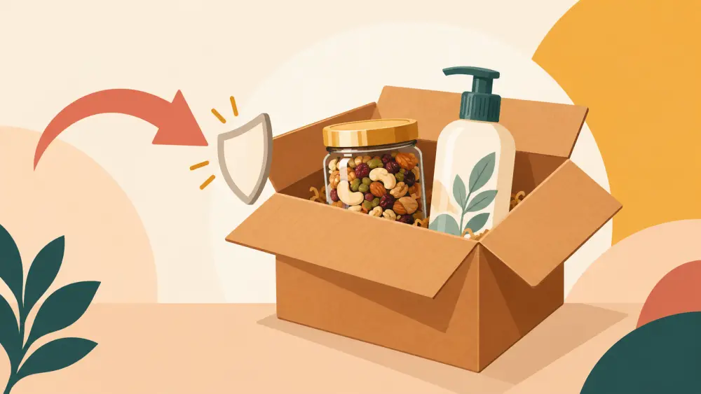 Illustrated food and drink packaging arranged on a product shelf