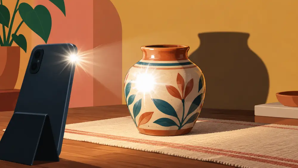 A product photographed beside a window with a reflector and a phone