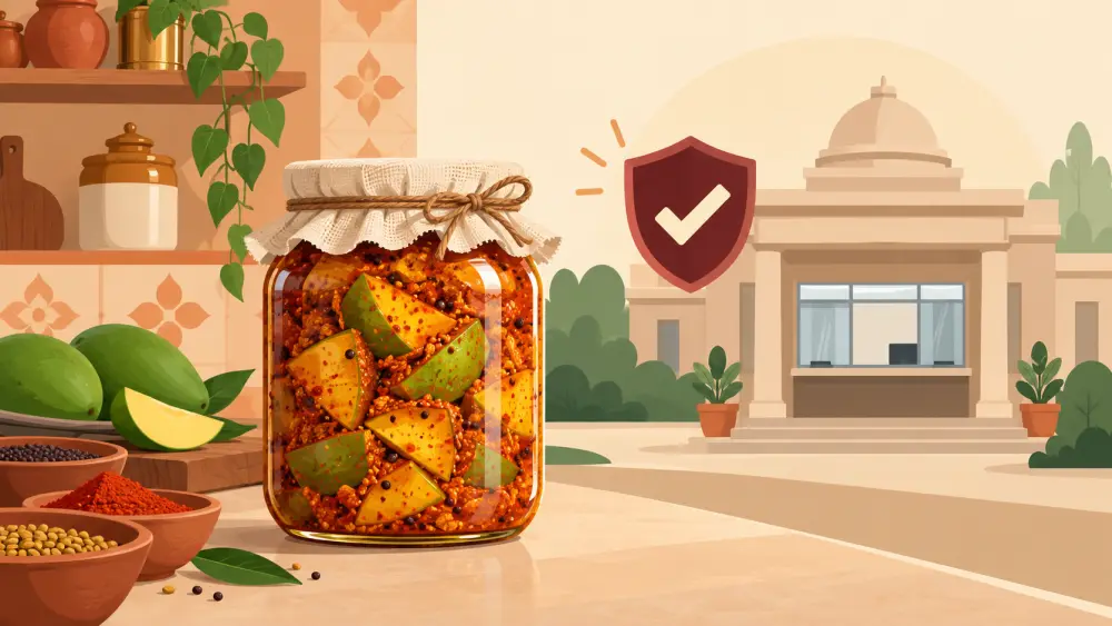 Illustrated food and drink packaging arranged on a product shelf