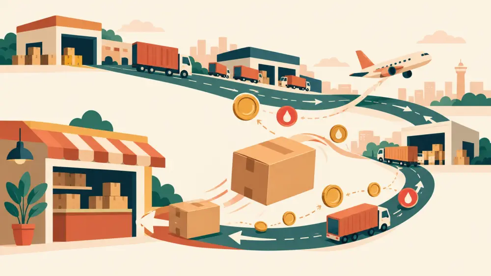 A parcel moving through an order, packing and delivery workflow