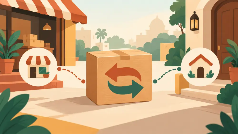 A parcel moving through an order, packing and delivery workflow